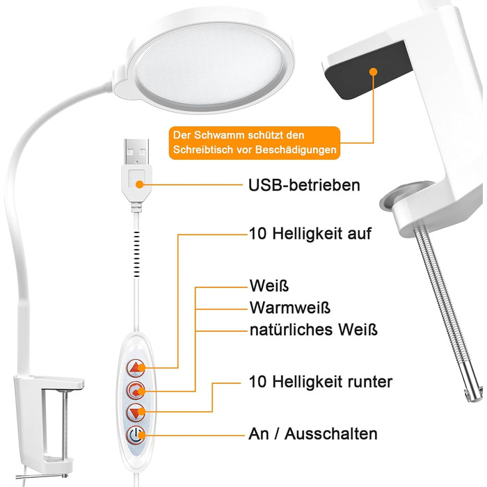 Затискна, настільна лампа з регулюванням яскравості 8 кольорових режимів, лампа денного світла настільна офісна, лампа для монітора, офісна лампа для дому, студії, 12 Вт, 1400 лм (біла)