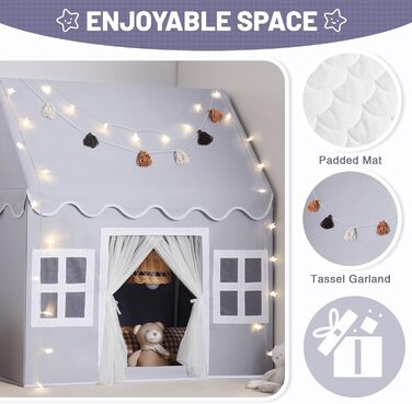 Дитячий намет Wilwolfer з килимком для малюків: Принцесин будиночок з бахромою для дівчаток та хлопчиків - Великий намет для гри в приміщенні та на вулиці (Мишачий сірий)