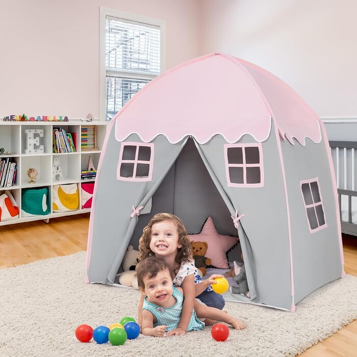 Дитячий ігровий будиночок GOPLUS, XL, 143x100x155 см, з сумкою, килимком, дверцятами на блискавці та 4 вікнами, для 2-3 дітей від 3 років (Рожевий)