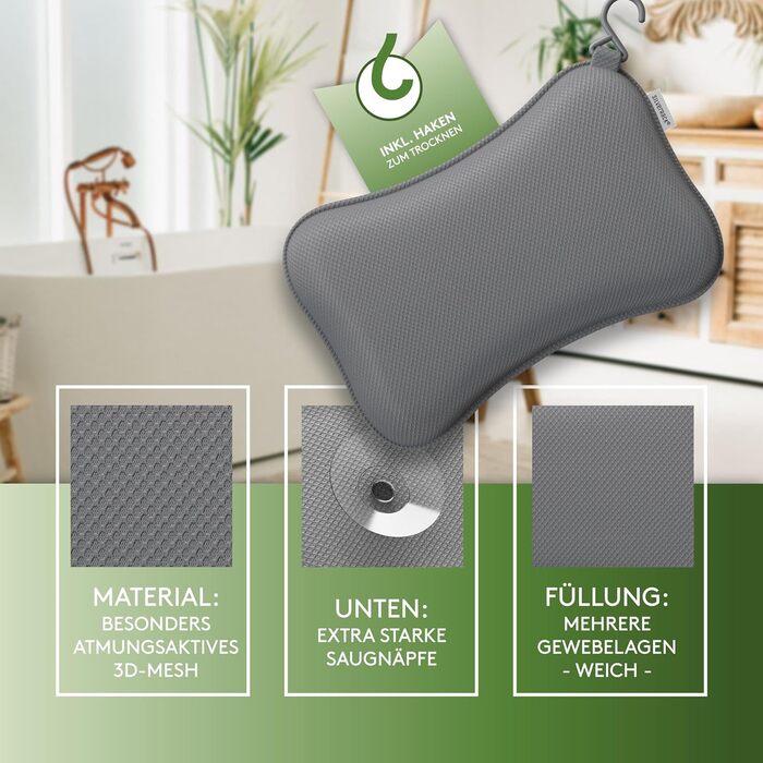 Подушка для ванни преміум-класу сірого кольору з присосками - зручна підтримка шиї та голови для ванни, джакузі та спа - аксесуар для ванної кімнати