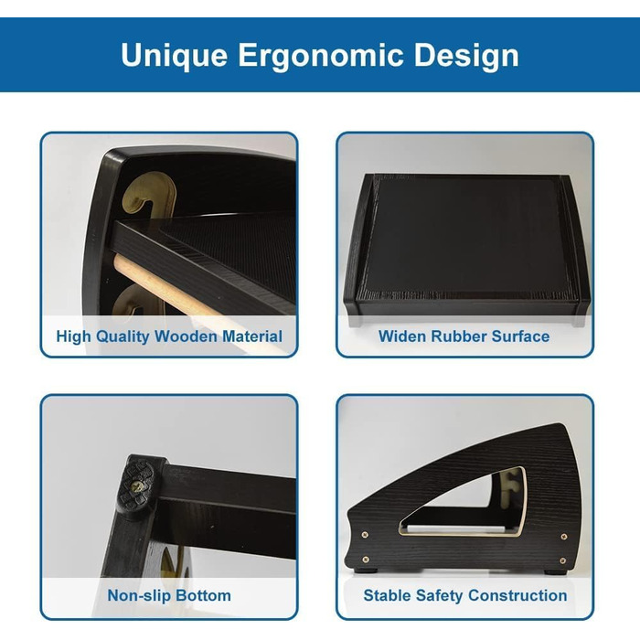 Підставка під ноги StrongTek для столу, дерево, для роботи, 3 положення висоти, ергономічна, антиковзаюча, покращує поставу та кровообіг, до 181 кг, чорна