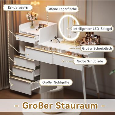 Туалетний столик Merax з дзеркалом та LED-підсвіткою, з поличкою, 6 висувних ящиків, золоті ручки, білий, 102x100x41.5 см (без табуретки)