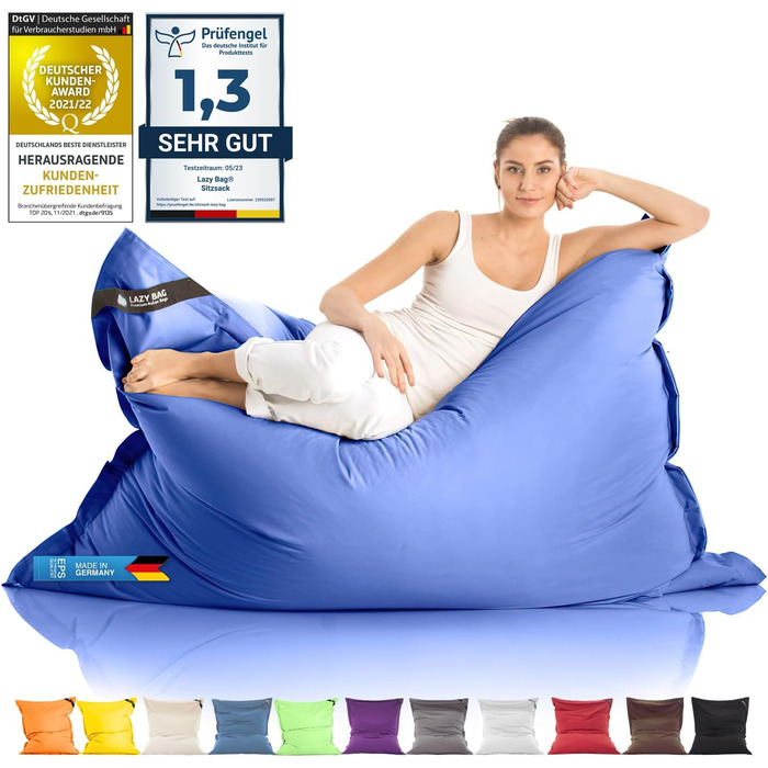 LAZY BAG Riesen-Sitzsack Classic XXL 140x180 см: великий крісло-мішок, 2-в-1 для сидіння та відпочинку | Зручний, з 4 млн EPS-кульок для ергономіки | Миючий знімний чохол з нейлону, блакитний