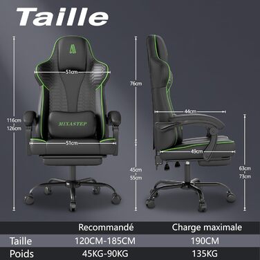 Ергономічне геймерське крісло з підніжкою, Racing-модель, регульована підголовник та поперекова підтримка, для дому та геймінгу, білий (зелений)