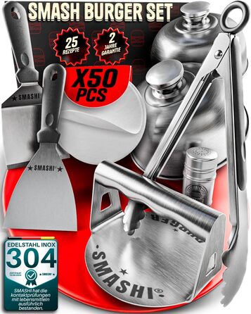 Набір для приготування бургерів SMASHI® з пресом та дзвоном – нержавіюча сталь 304, лопатка для гриля, 50 папірців з антипригарним покриттям, рецепти – Оригінал (SUPREME)