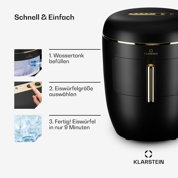 Машина для льоду Klarstein для дому, кемпінгу та ресторану: швидка міні-машина для льоду, професійна, самоочисна, 2.3л контейнер, 15 кг/24 год, чорна