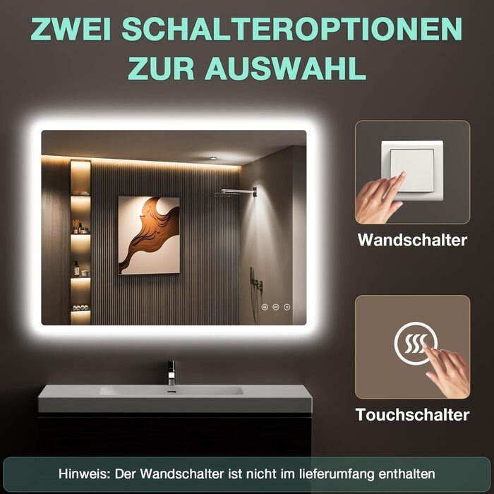 Дзеркало для ванної кімнати GIMBELEN LED з підсвічуванням 80x60 см, прямокутне, сенсорне керування, регулювання яскравості, 3 кольори світла, антизапарник, вертикальна/горизонтальна установка
