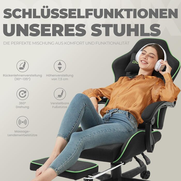 Ігровий крісло Dowinx з підголовником та підставкою для ніг, тканинне, з масажем, чорно-зелене