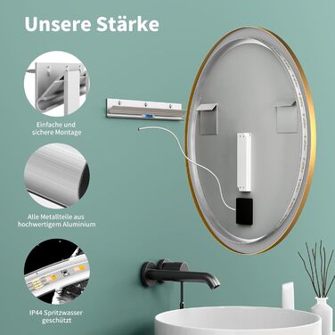 Дзеркало для ванної кімнати HOKO Design Riga, кругле, 60 см, з металевим каркасом Gold. LED-підсвічування, сенсорне керування, зміна кольору світла (тепле, холодне, нейтральне). 60 x 60 см