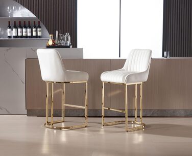 Набір з 2 барних стільців з велюру з золотистими ніжками, з підлокітниками та спинкою для кухонної стійки/домашнього бару (білий)