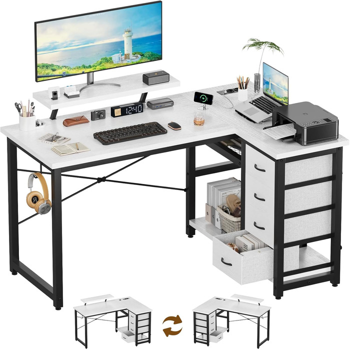 Комп'ютерний стіл L-подібний Devoko з 4 ящиками з тканини, 2 розетками та 2 USB-портами, для дому та офісу, ігор, білий, 140x80 см