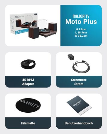 Вініловий програвач Majority Moto Plus з Bluetooth, вбудованими динаміками, USB-записом, касетою преміум-якості, адаптером 45 об/хв та фетровим килимком