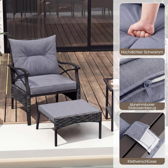 Садовий набір меблів COSTWAY з ротангу, 5 предметів: 2 крісла з подушками, пуф та стіл для балкона, тераси, саду (Чорний + Сірий)