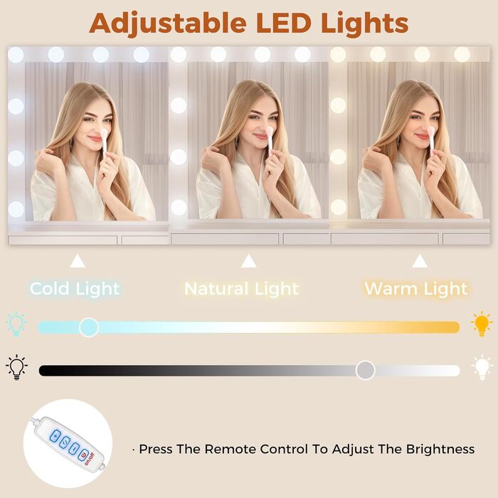 Трюмо BEWISHOME з дзеркалом, регульованою LED-підсвіткою та розетками, 10 шухлядами, 5 полицями, гачками та органайзером для прикрас, сучасний дизайн, білий колір, EFST52W