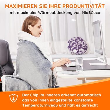 Електрична ковдра Mia&Coco з автовимкненням 160x130 см, 10 рівнів нагріву, таймер 9 год, захист від перегріву, пральна машина, фланелева ковдра для ліжка, дивана та вітальні, сіра, 130x160 см