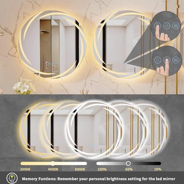 Дзеркало для ванної кімнати LUVODI кругле з підсвічуванням LED, 60 см, 3 кольори світла, регулювання яскравості, антизапарник, енергозберігаюче, для ванної, гостьової кімнати, туалету