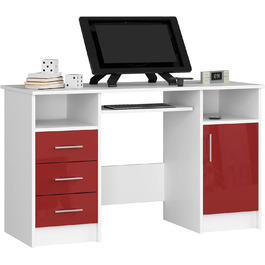 Письмовий стіл для ПК Ana з лотком для клавіатури Офісний стіл Комп'ютерний стіл Офісний стіл 3 шухляди, 1 відділення для зберігання з дверцятами, 2 відкриті відділення для зберігання, W124 x H74 x D52 см, 45 кг Білий/Білий глянцевий (Білий/Глянцево-червоний)