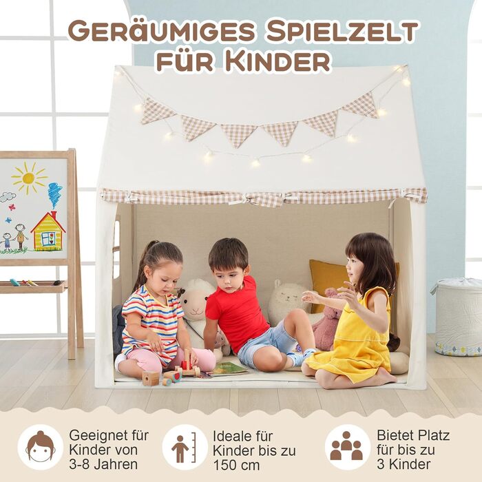 Дитяче намет-будиночок COSTWAY з килимком та світлом, з прапором та вікнами, для хлопчиків та дівчаток від 3 років (Бежевий)