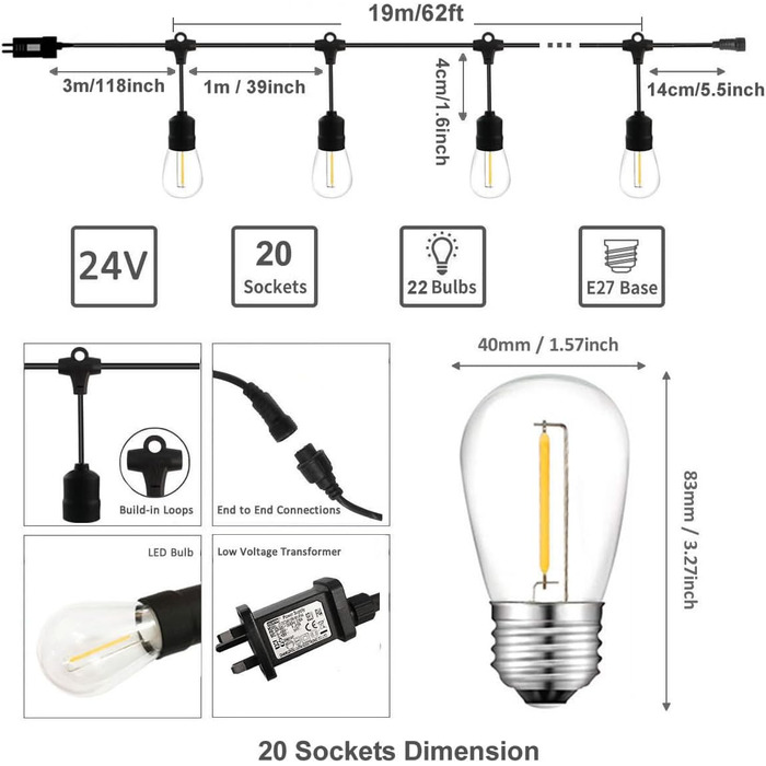 Світлодіодні ліхтарі на відкритому повітрі, теплі білі стійкі до ударів, низьковольтні водонепроникні, 20 лампочок