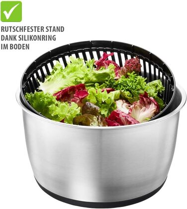 Салатниця GEFU з кришкою для зберігання, 3л, пластикова чаша з вбудованим ситом та ручним приводом, чорно-сіра