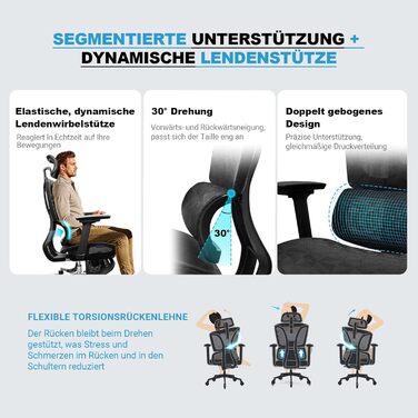 Ергономічне крісло для офісу, 4D підлокітники, регульована глибина сидіння, 4-ступеневий нахил, гумові колеса, сітчаста сидіння, висока спинка, для великих людей, Homeoffice & Gaming, ергономічне крісло для робочого столу (Чорний – з підставкою для ніг, с