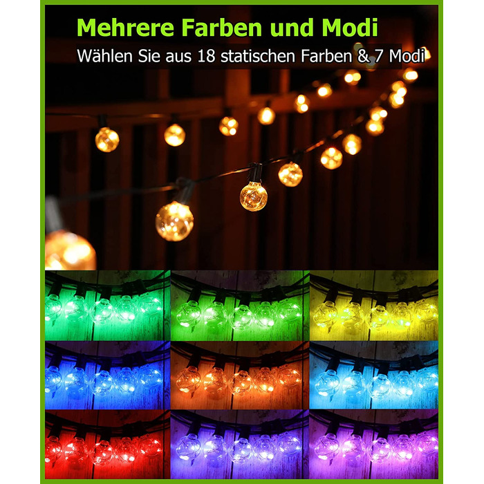 Світлодіодних гірлянд для зовнішнього освітлення, гірлянда для зовнішнього освітлення, 18 кольорів, водонепроникні лампи IP65 G40 з дистанційним управлінням RGB для зовнішнього прикраси різдвяного саду, двору, весільної вечірки ,балкона (30 світлодіодів, 