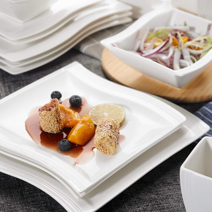 MALACASA Комплект посуду серії Flora – 60 предметів для 12 осіб – кремово-білий порцеляновий сервіз з квадратним дизайном (тарілки, чашки, блюдця) – підходить для миття в посудомийній машині та для використання в мікрохвильовій печі, білий