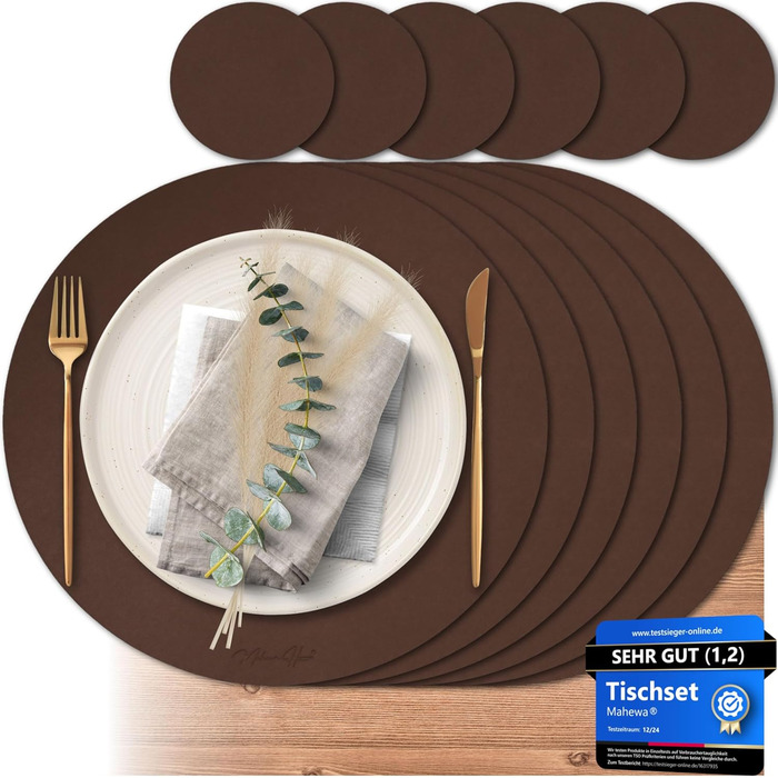 Набір Mahewa® з 6 преміум-підставників для столу з штучної шкіри - 6 шт. - Миючі та водонепроникні підставки під тарілки в шкіряному стилі (Овальні з тримачем) (Горіх, Круглі)