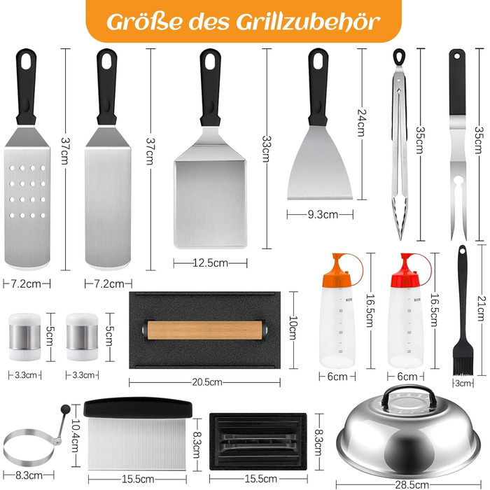 Набір гриль-посуду, аксесуари для гриля BBQ з пресом для бургерів, шпатель, лопатка для бургерів, прес для Smash Burger, аксесуари для Plancha, гриль Teppanyaki, для приготування на відкритому повітрі та в приміщенні (18 предметів), чорний