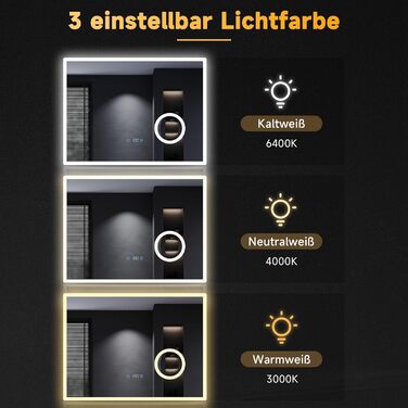 Дзеркало для ванної кімнати SONNI з підсвічуванням 80x60 см, 3 кольори світла, проти запотівання, LED, сенсорне керування, годинник, температура, 3-кратне збільшення