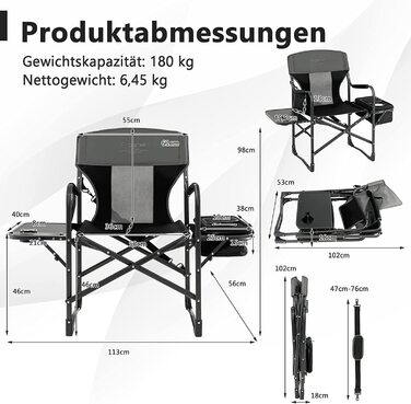 Кемпінгове крісло COSTWAY з приставним столиком, сумка-холодильник і сумка для зберігання, складне рибальське крісло, вантажопідйомність 180 кг, режисерське крісло портативне, складаний стілець Складаний стілець для кемпінгу, риболовлі, пікніка чорний