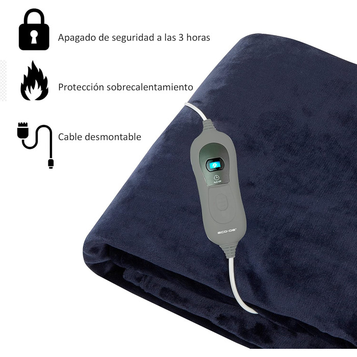 Електрична ковдра ECO-DE ECODE 180x130 см з пультом, 3 режими, таймер 180 хв (Marineblau)