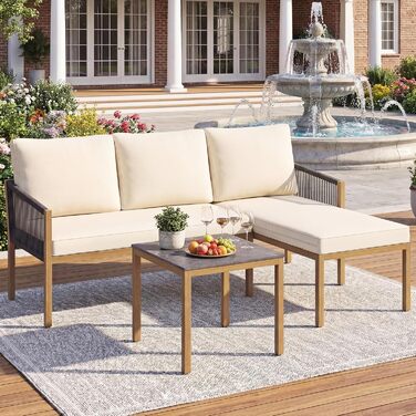 Садовий набір меблів з ротангу COSTWAY: Лаунж-комплект з столом та подушками для саду, балкону, тераси (Бежевий)