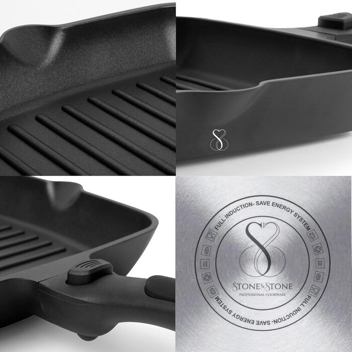 Квадратна сковорода-гриль Stone&Stone 28x28 см | Професійна сковорода для стейків | Німецьке антипригарне покриття GREBLON C3+ без PFOA | Знімна ручка | Підходить для індукційних, газових плит та духовки | Для приготування барбекю з щипцями 28 см