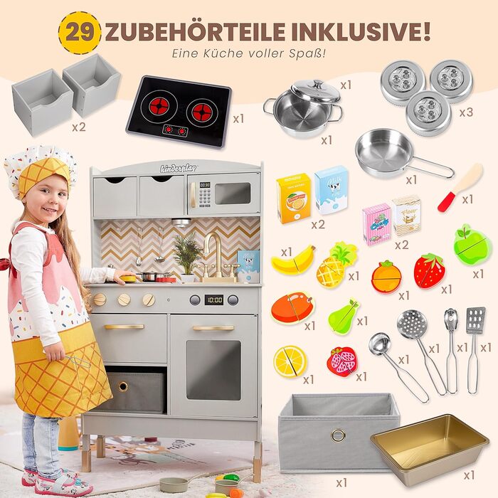 Дерев'яна дитяча кухня Kinderplay з LED та звуками приготування їжі – регульована висота 92–107 см – іграшкова кухня для ролевих ігор від 3 років – повний комплект з аксесуарами, світло-сірий колір Elegant - світло-сірий