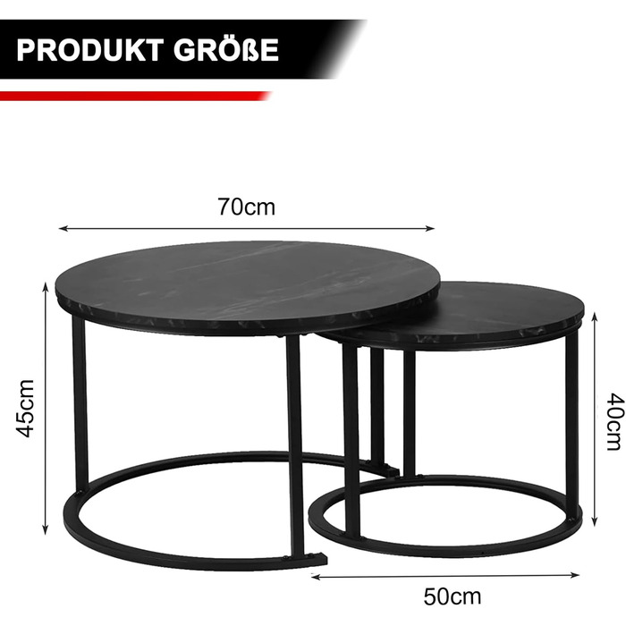 Набір круглих бічних столів, сучасний журнальний столик/тумбочка 2-в-1, дерево та метал, стільниця з чорного мармуру