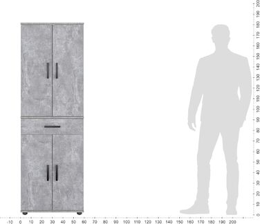 Багатофункціональна шафа шириною 60 см, 1 ящик, 4 дверцята, поштовий 180 см, бетон, 180x34x60 см