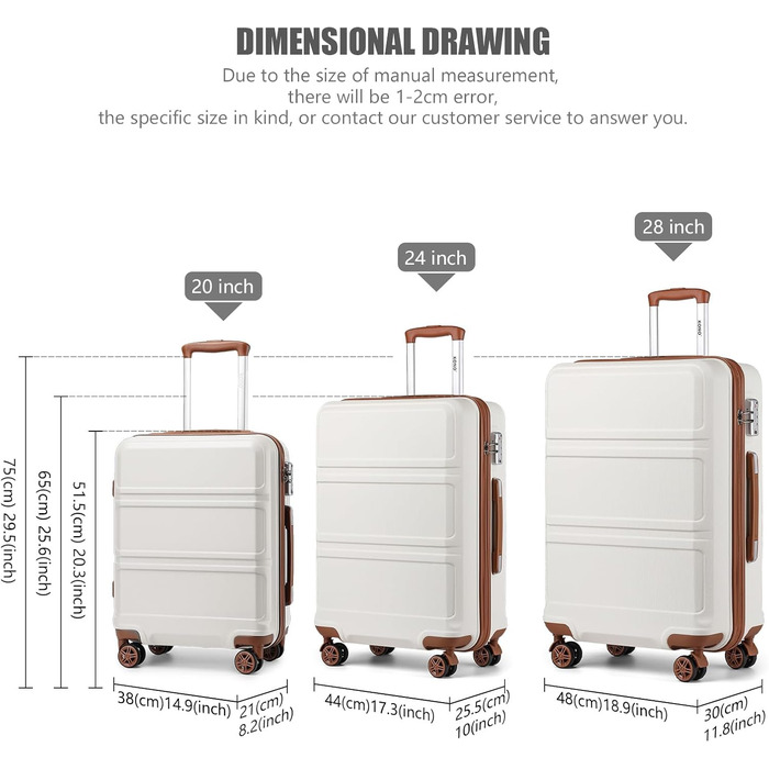 KONO Чемодан-Тролей 55 см, Кремовий Білий | Валіза для подорожей