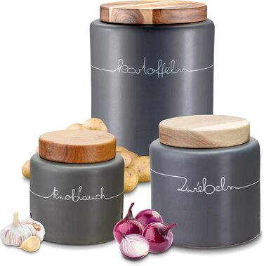 Набір для зберігання картоплі, цибулі та часнику KHG, 3 шт., кераміка, бамбукові кришки, сірий антрацит, об'єм 3 л та 1,5 л