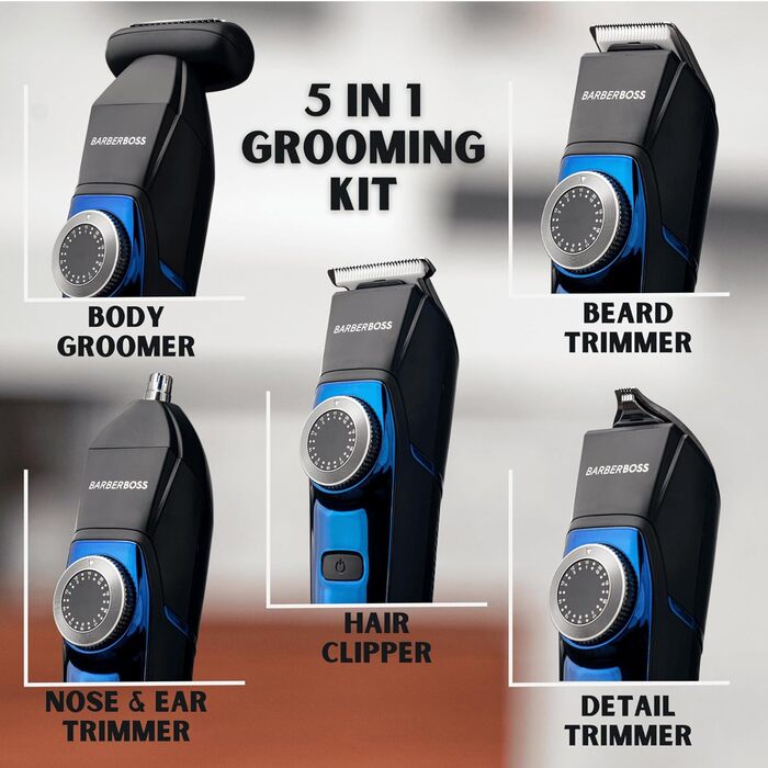 Набір для грумінгу BarberBoss 5-в-1 для чоловіків, точне підстригання носа, вух, волосся, бороди та тіла з 39 налаштуваннями довжини, 100 водонепроникність та світлодіодний індикатор