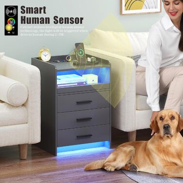 Нічний столик FREDEES з LED-підсвічуванням, ящиком та зарядкою, сірий (2 шт.)