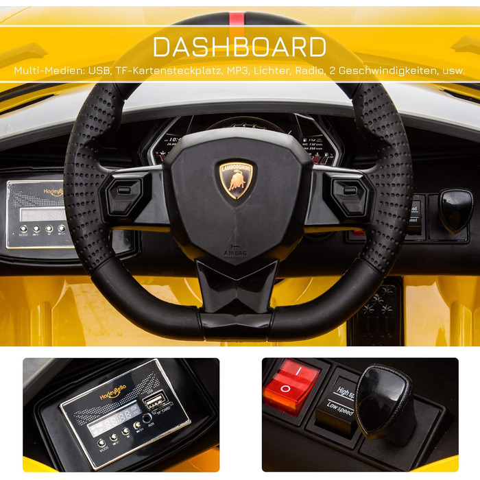 Електромобіль для дітей HOMCOM Lamborghini SVJ, ліцензія, 12V, металевий, жовтий, з дистанційним керуванням, музика, USB, для дітей 3-8 років