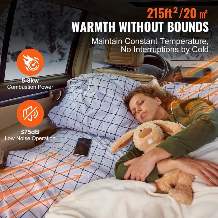 Електрична дизельна піч опалення VEVOR 12V 5-8kW з LCD-дисплеєм, пультом та Bluetooth. Горизонтальна модель.