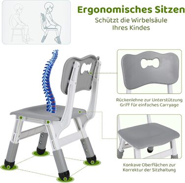 Дитячий стіл MAMIZO з 4 стільцями, регульована висота, набір для дитячої кімнати/садка, пластикові меблі, сірий, 60 x 120 см