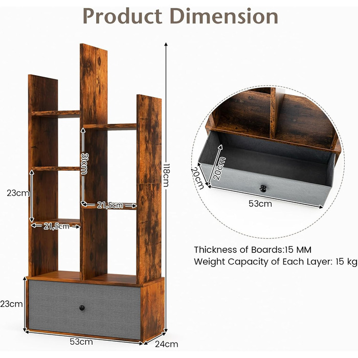 Книжкова шафа з 12 полицями та 2 висувними шухлядами, Дерев'яна офісна полиця, Стояча полиця з антинахилом, Полиця для зберігання для вітальні, кабінету, офісу (53 x 24 x 118 см, коричневий)