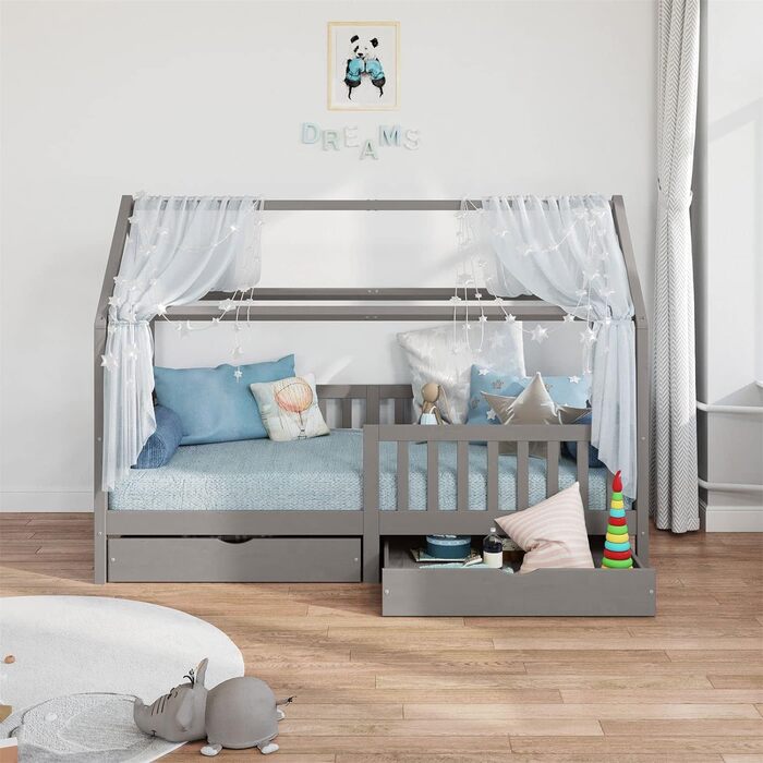 Ліжко IDIMEX house NUNA з масиву сосни, ліжко Монтессорі 90 х 200 см із захистом від падіння, ігрове ліжко з висувними ящиками, сучасне дитяче ліжко з дахом (сірий)