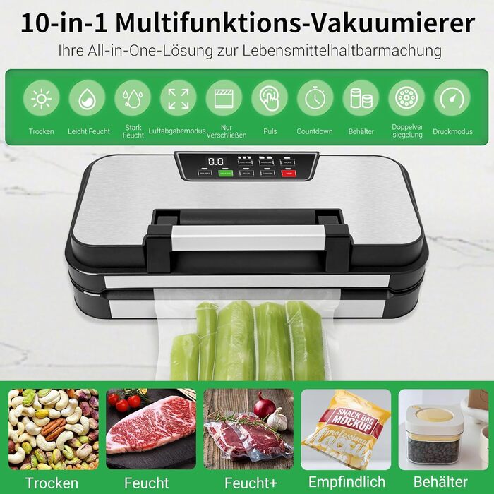 Вакууматор 10-в-1 для продуктів 95 кПа, вакуумний пакувальник з подвійною термозаваркою, вбудованим ножем та відсіком для пакетів, сталевий корпус, комплект з 2 рулонами