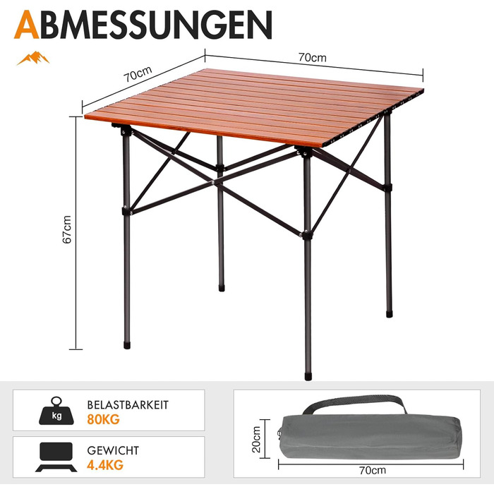 Складаний кемпінговий стіл PORTAL з алюмінієвою стільницею, навантаження до 80 кг, з сумкою-чохлом для пікніка, гриля, саду та балкона, коричневий