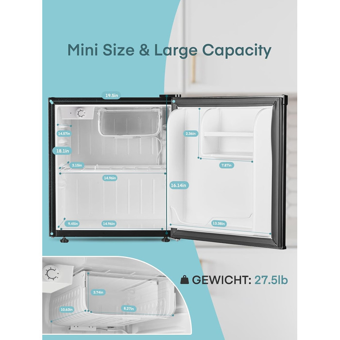 Міні-холодильник E 46L з морозильною камерою, низький рівень шуму 42 дБ, регулювання температури, колір нержавіюча сталь — для офісу, кухні та спальні