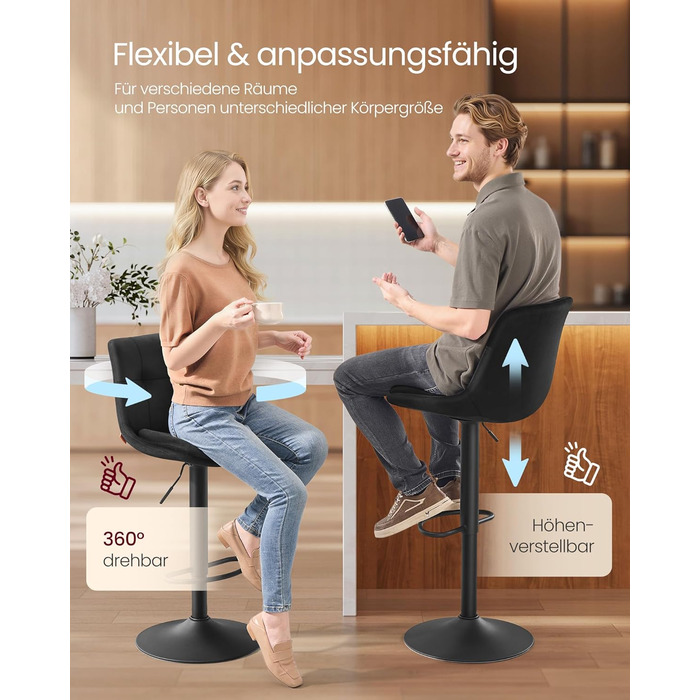 Барні стільці VASAGLE 2 шт. регульовані по висоті, обертаються, зі спинкою та підставкою для ніг, для кухні, їдальні, бару, сталь, LJB195G02 (Чорний, Велюр)